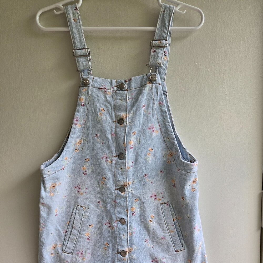 Button down floral denim pinafore dress